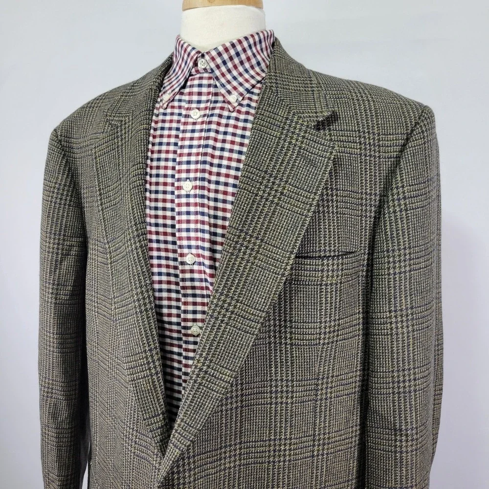 Oscar De La Renta Men's Sport Coat Blazer Two‎ Button Brown Plaid Wool Sz 48L